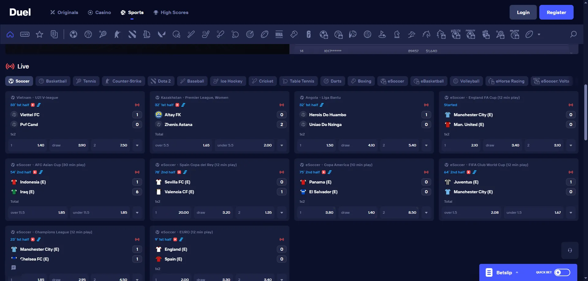 Apuestas deportivas en Duel Casino — fútbol, esports y más